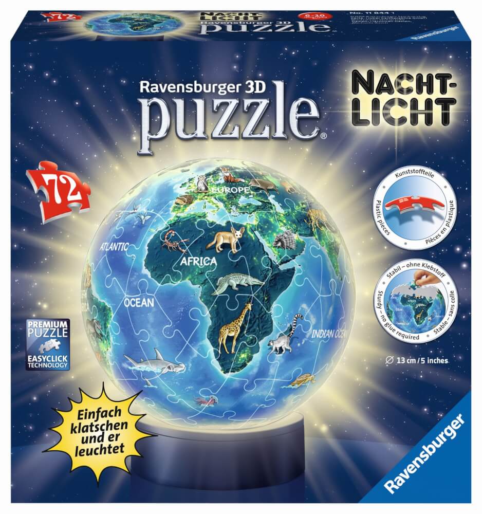 Ravensburger 3D Puzzle Erde im Nachtdesign Nachtlicht 11844 - Puzzle-Ball - 72 Teile - für Globus Fans ab 6 Jahren