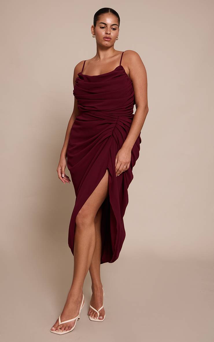 Rouge Vin Robe Midi Drapée Froncée En Mousseline Bleu Clair Grande Taille