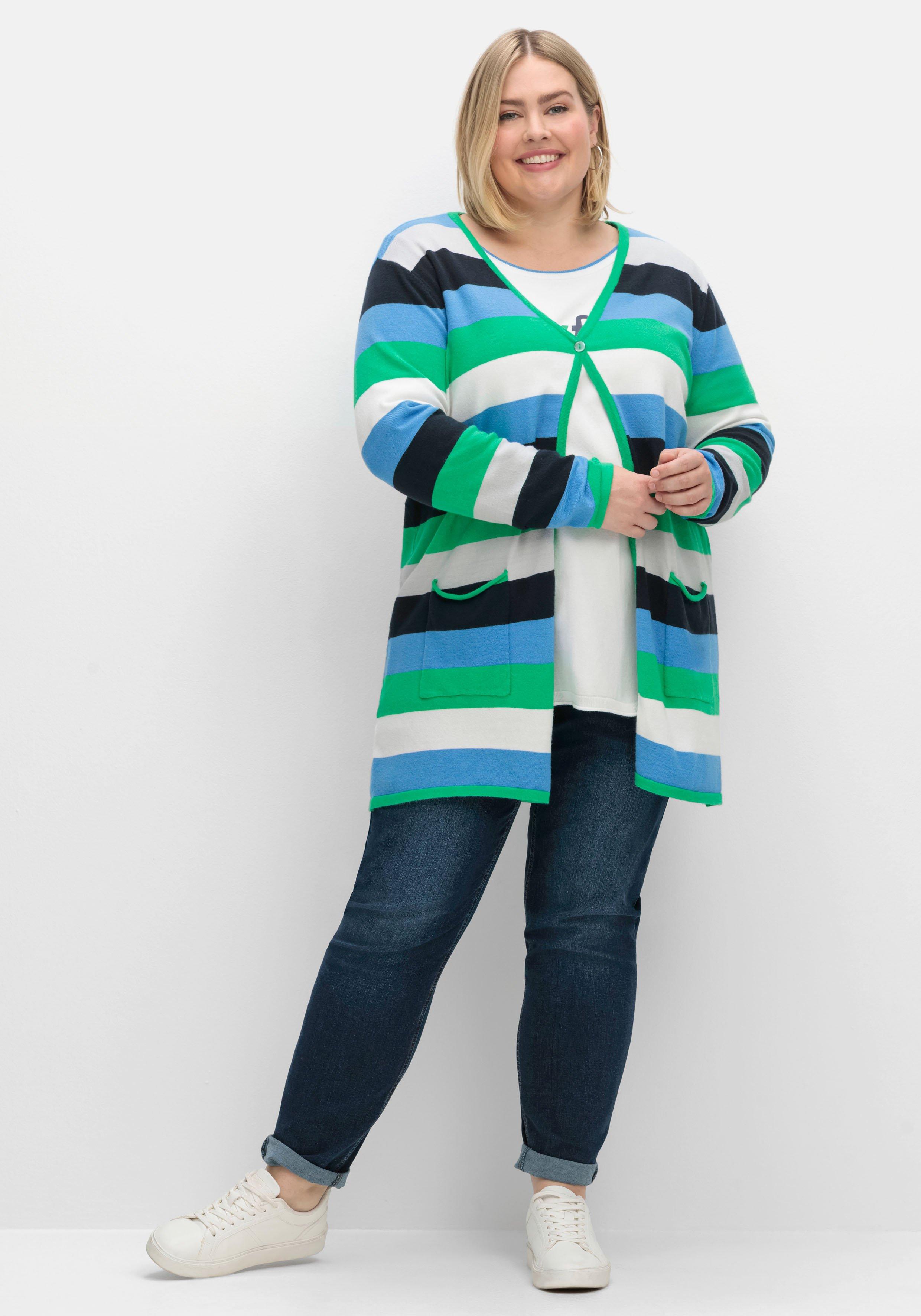 Longstrickjacke mit Blockstreifen und Taschen