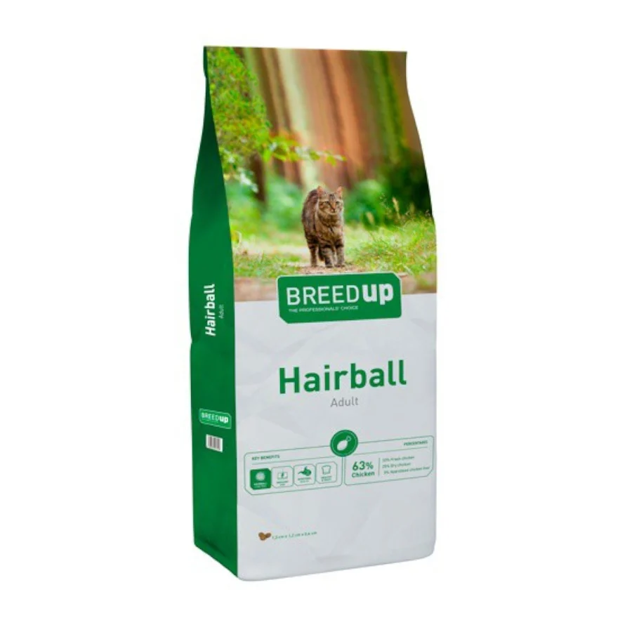 Ração para gatos adultos Breed Up com sabor de frango e capacidade para evitar bolas de pelo.