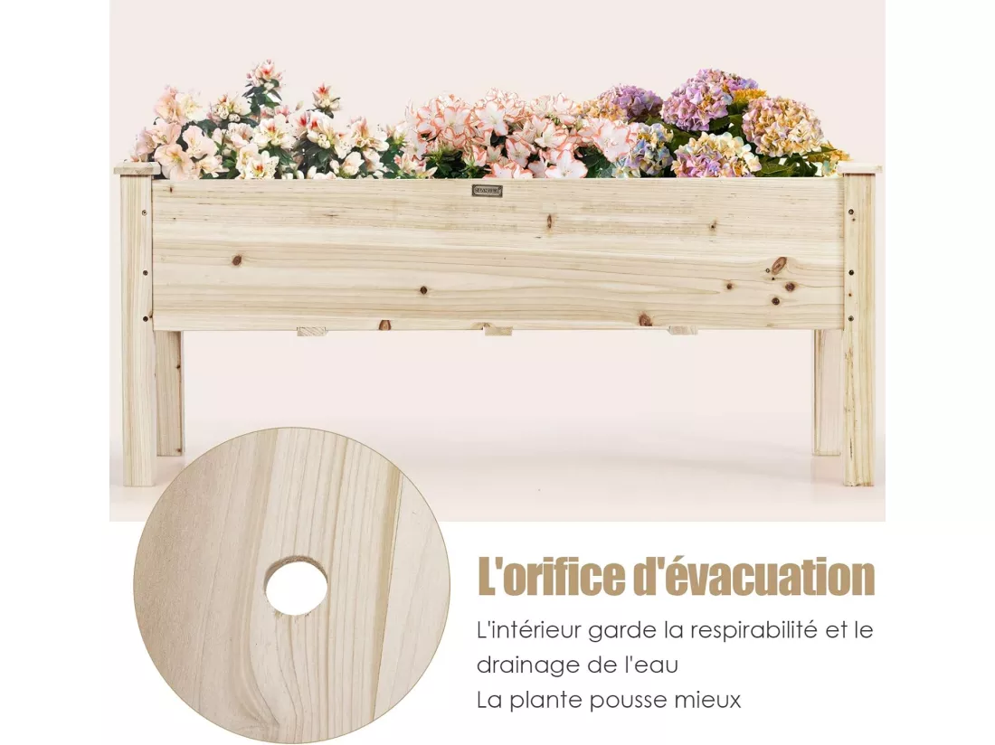 Jardinière Surélevée en Bois, Carré Potager sur Pied avec 5 Trous de Drainage, Jusqu’à 100KG,120x 43,5 x 51CM,Naturel