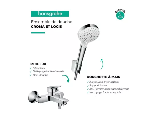 Douchette à main HANSGROHE Crometta + Mitigeur bain douche Logis