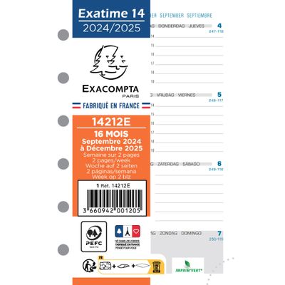 Exacompta Exatime 14 - Recharge (septembre à décembre) pour organiseur - 1 semaine sur 2 pages - 8,1 x 12,6 cm