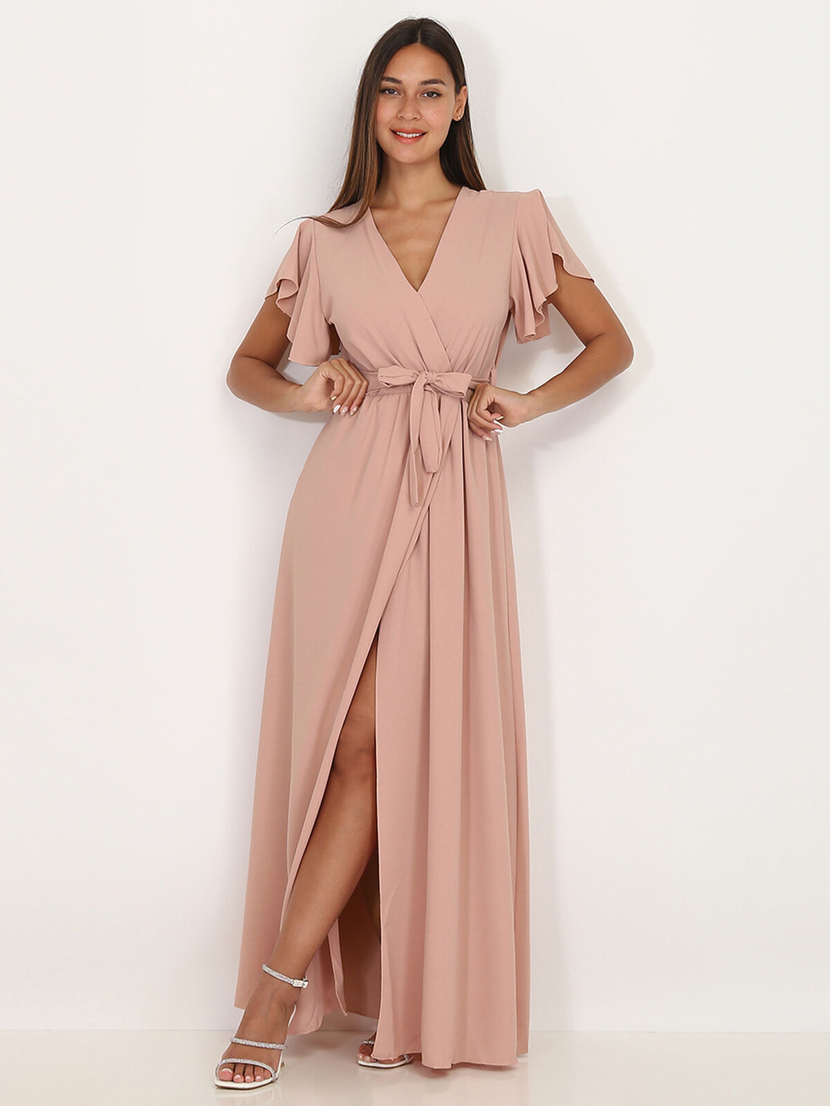 Robe longue fendue à col cache coeur- Vieux rose