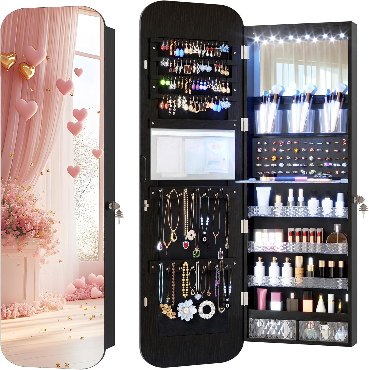 Vlsrka LED Ovaler Schmuckschrank Hängend, Türspiegel/Wandspiegel Schmuckschränk, Schmuckschrank mit Spiegel & Beleuchtung, Schmuckspielgelschrank Holz Abschließbarer, Gewölbter Spiegelschrank, Schwarz
