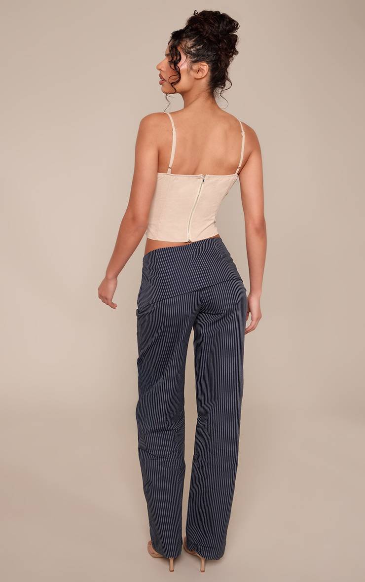 Bleu Marine Pantalon À Rayures Fines Avec Taille Repliée Et Détail Ceinture