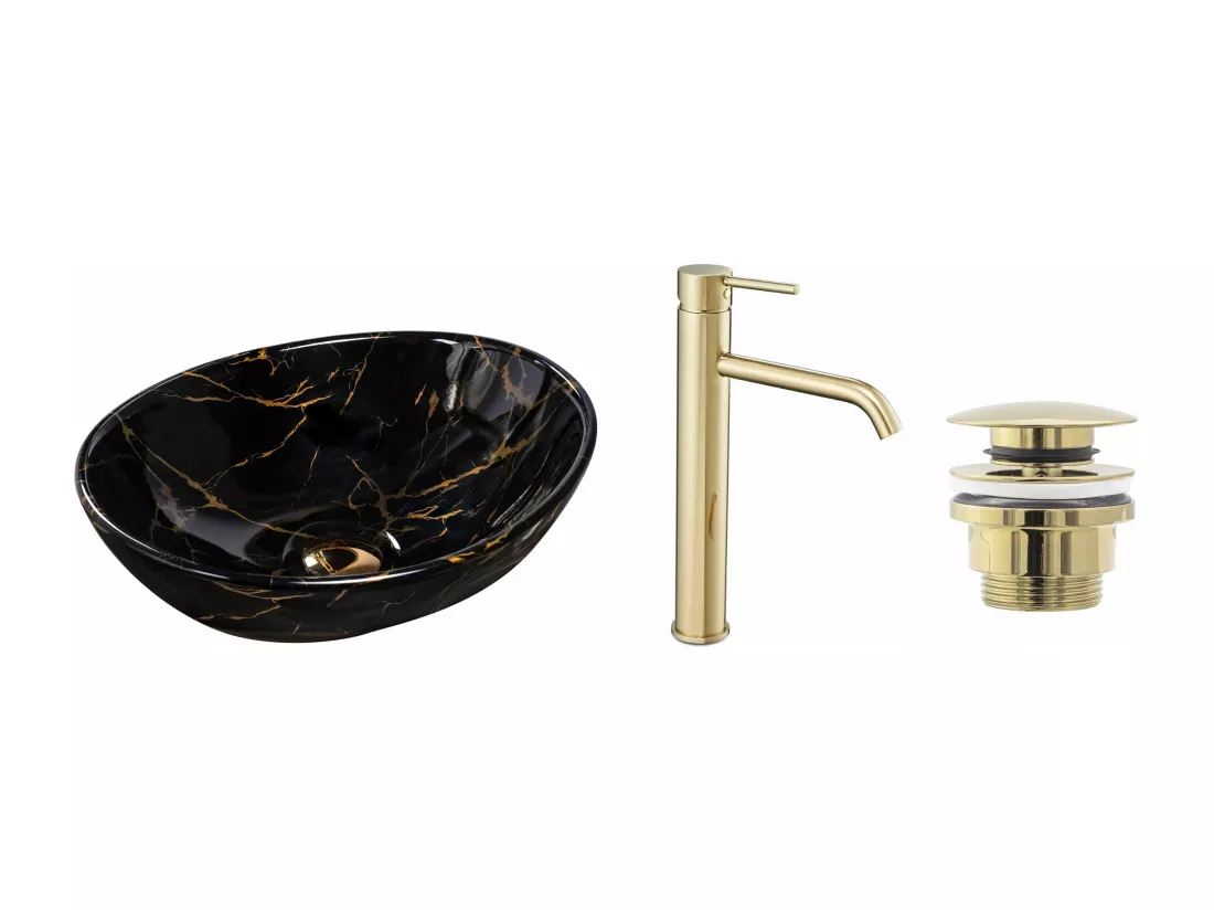 Set De Vasque À Poser Rea Sofia Black + Robinet De Lavabo Lungo Gold High + Bonde Gold