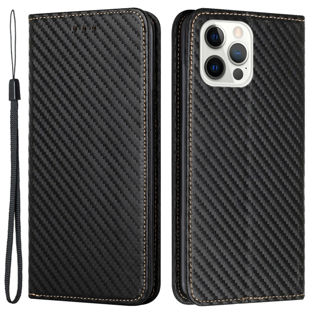 iPhone 15 Pro Max Leder Tasche Flip Cover Carbon Look - Schwarz