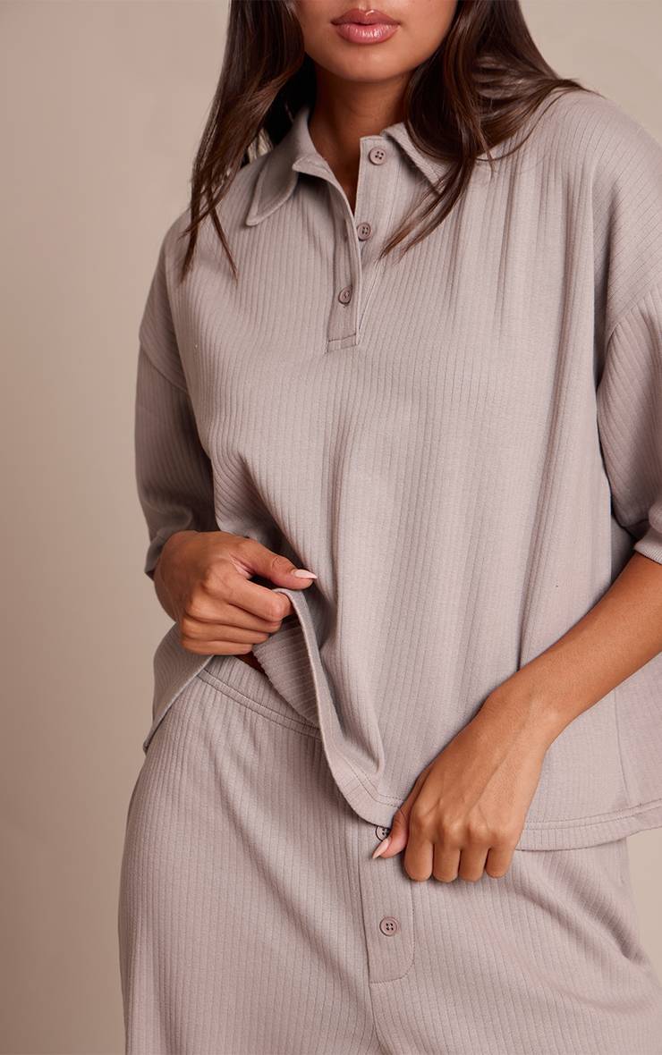 Gris Cendré Ensemble Coordonné T-shirt Côtelé Boutonné
