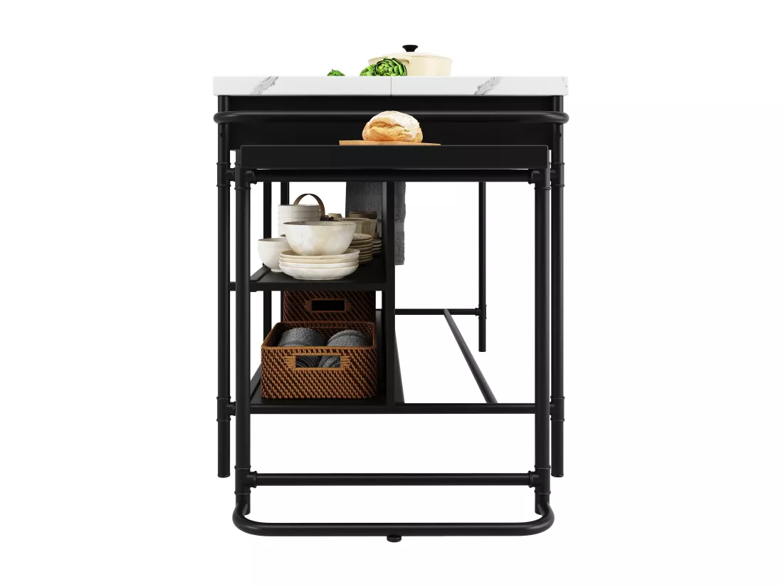 Ilot central de cuisine - avec plateau en marbre artificiel - avec 3 tiroirs - Noir
