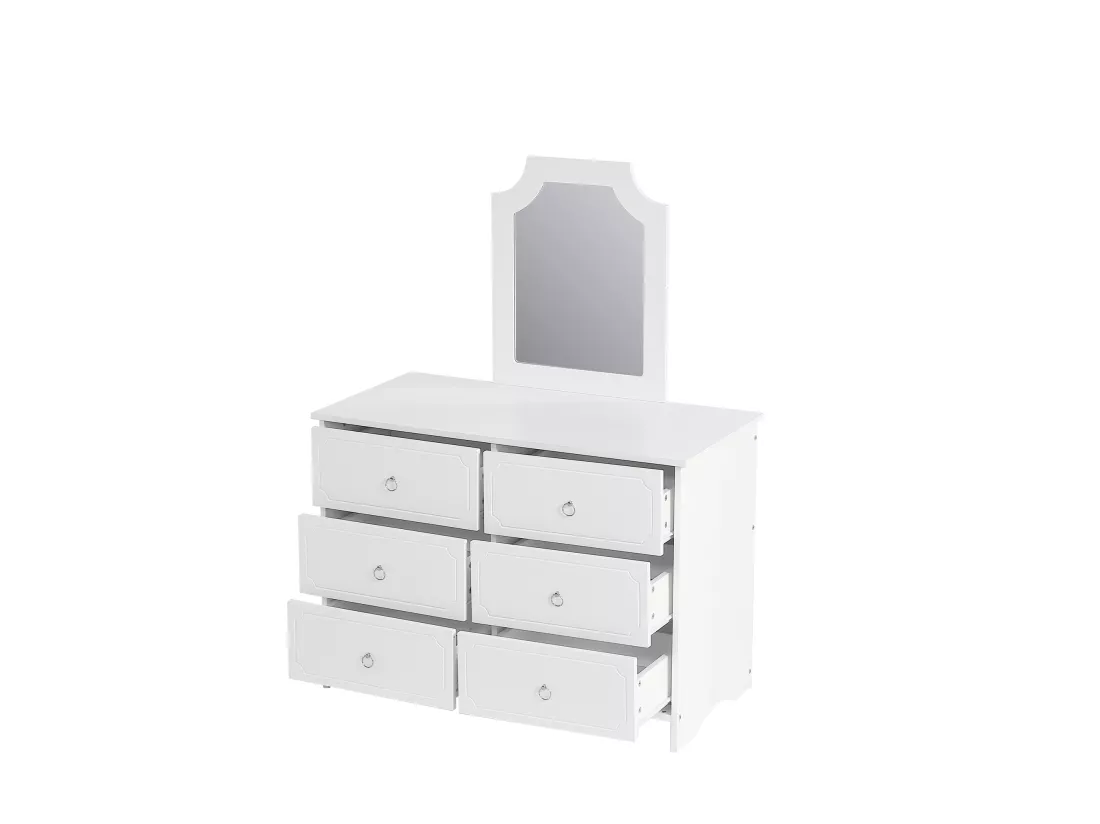 Armoire à miroir, commode 6 tiroirs, miroir amovible, patins silencieux, MDF + panneaux de particules, blanc