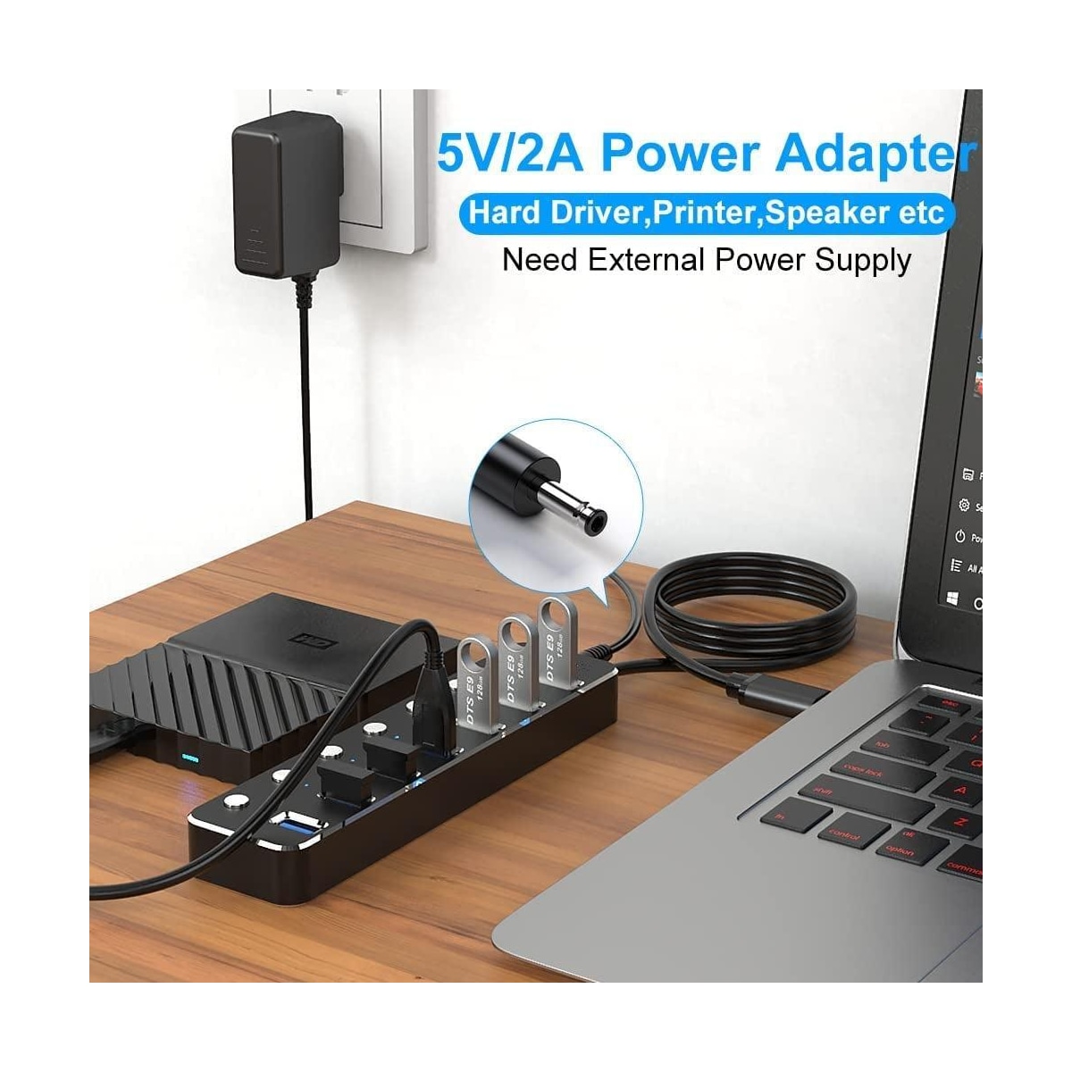 NÖRDIC drevet 7-ports USB-C 3.0 HUB med individuell bryter 5Gbps 25cm kabel aluminium svart med strømforsyning
