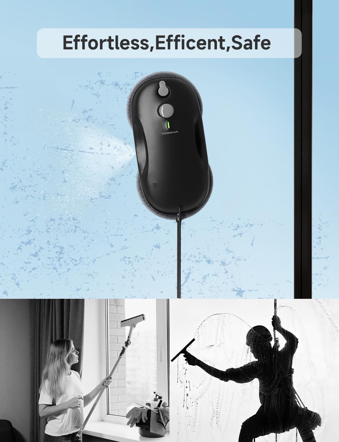 Tosima W3 fensterputzroboter Automatisches Sprühfunktion mit 80ML Tank, dreifachem Sicherheitssystem,fensterroboter Intelligenter Navigation, Fernbedienung, für alle Glatten Oberflächen,mit 12 Tüche