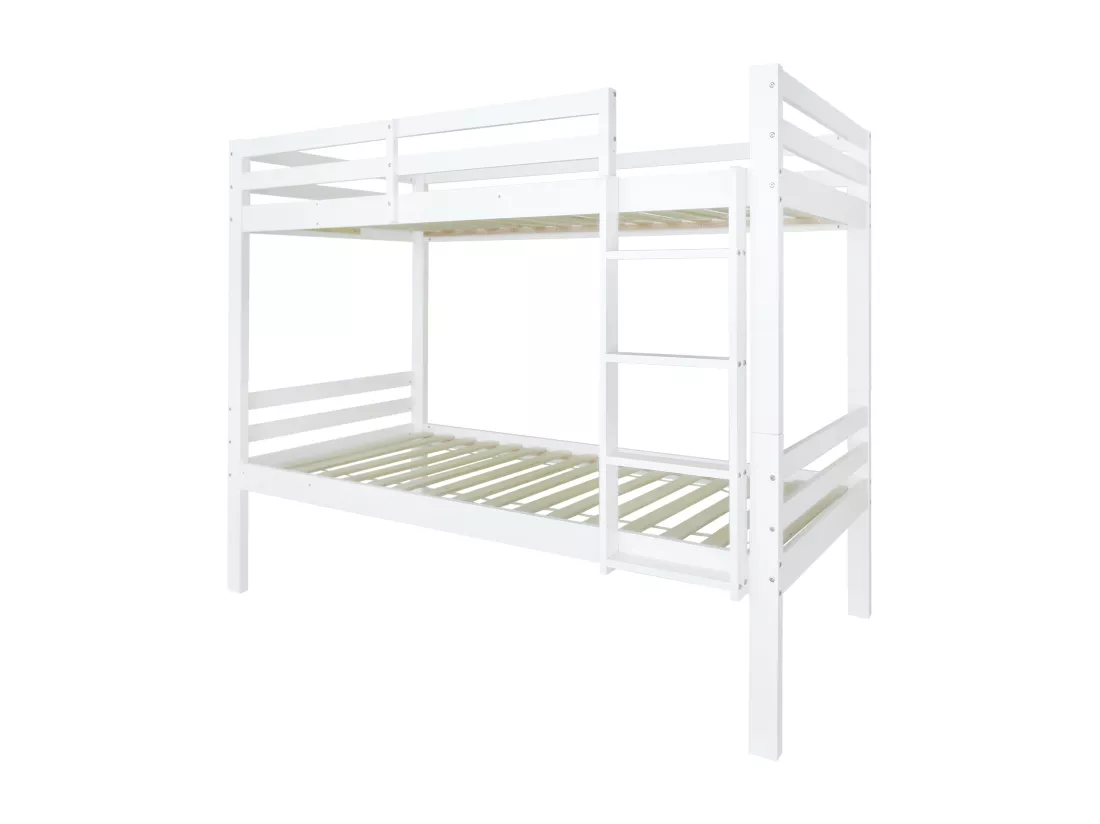 Lit superposé pour enfant, lit enfant avec échelle d'angle à trois niveaux et protection antichute, lit divisé en 2 lits simples, lit d'adolescent, lit simple, cadre en pin, blanc, 90x200cm