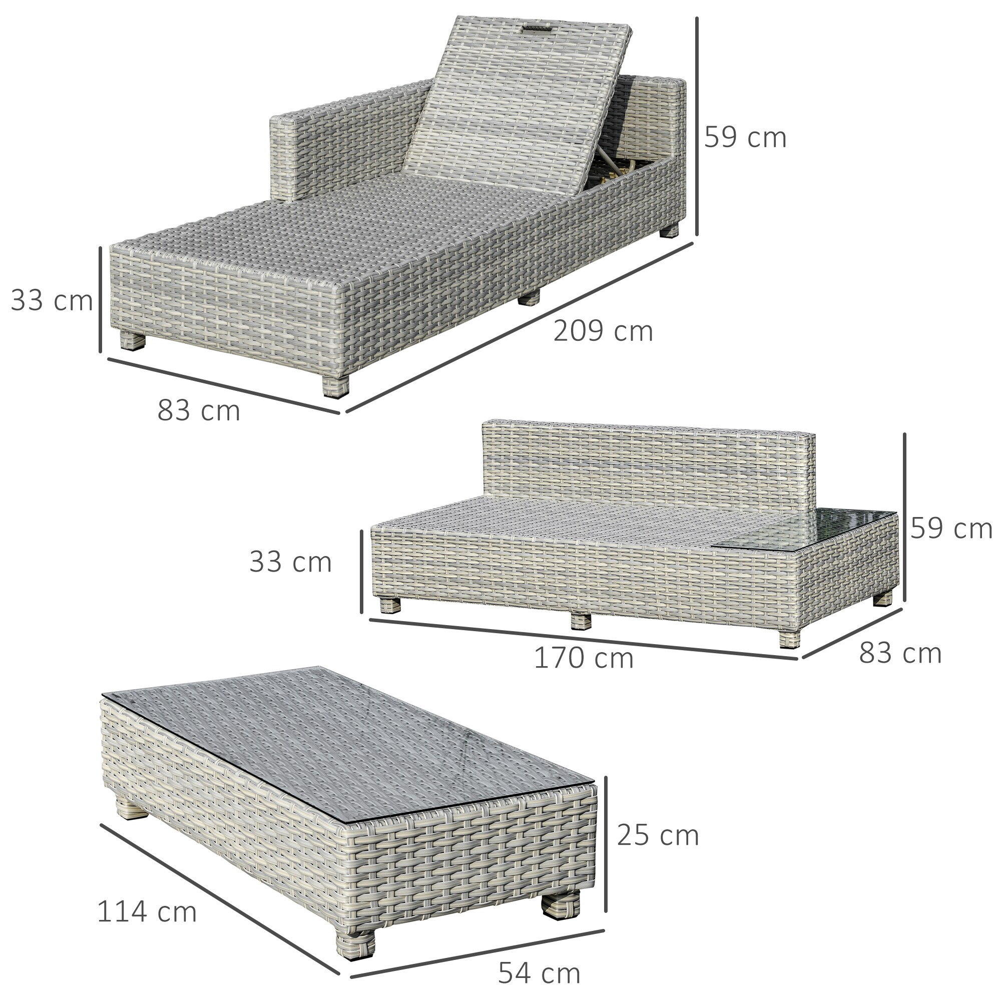 Outsunny Gartenmöbel Set mit Beistelltisch grau 209B x 83T x 59H cm