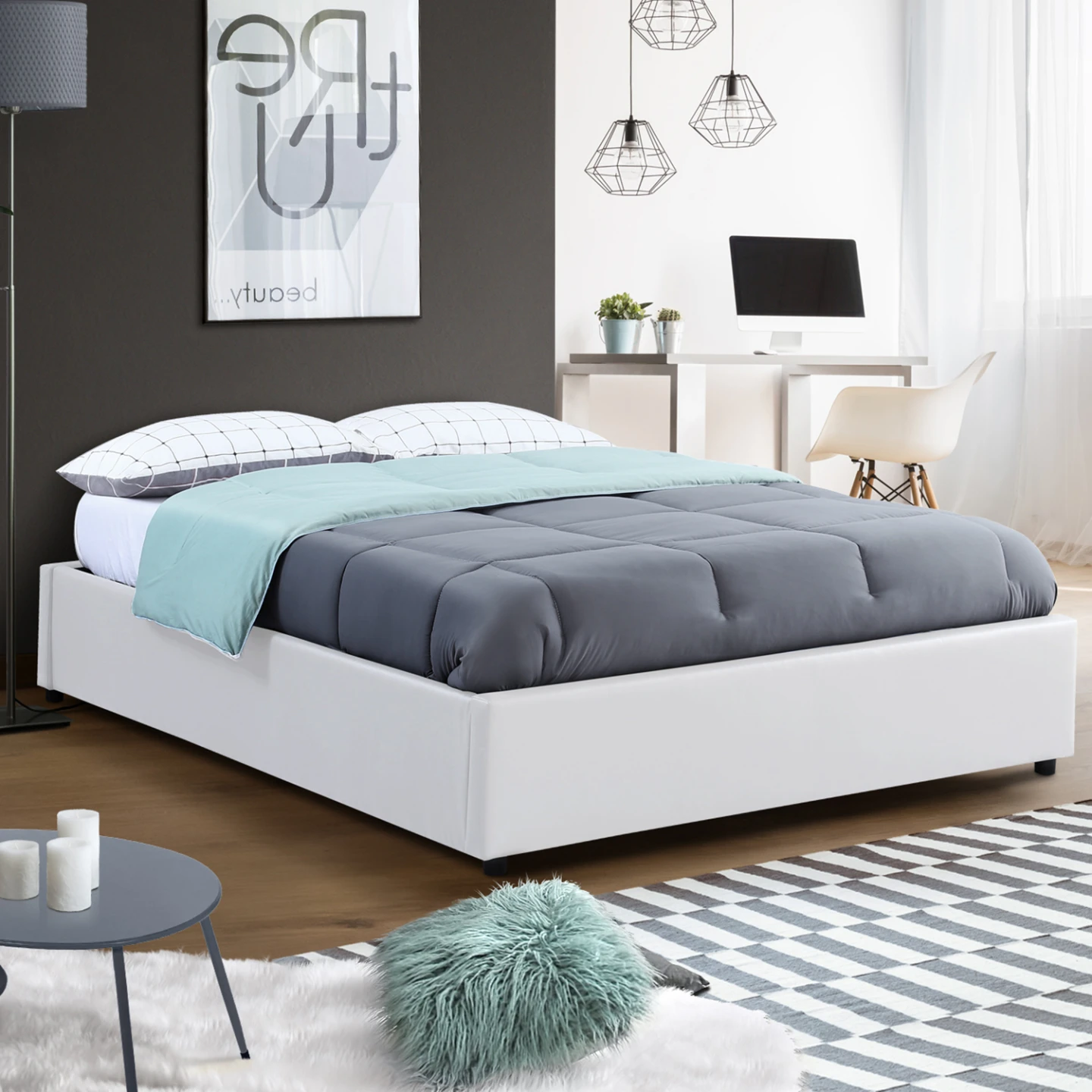 Lit coffre double MIAMI avec sommier 140 x 190 cm PVC blanc