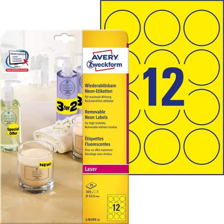 Avery Zweckform L7670Y-25 Etiketten in Sonderfarben,A4 Ø 63,5 mm, 25 Bogen/300 Etiketten, neongelb