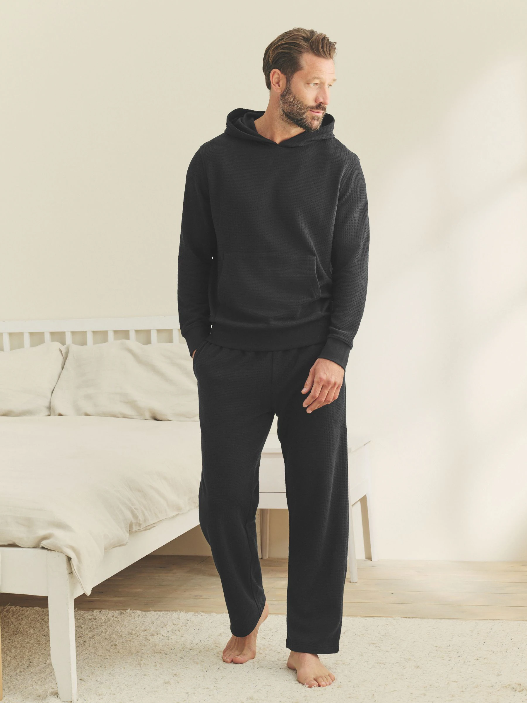 Zwart - Zachte Wafelstof Pyjama's Set met Hoodie