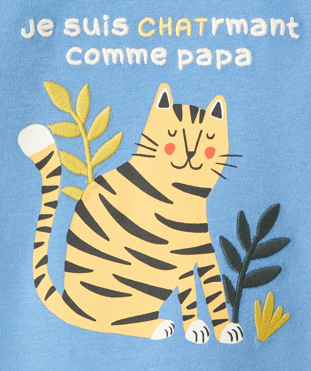 T-SHIRT BÉBÉ GARÇON EN COTON BIO BLEU ET MOTIF CHAT