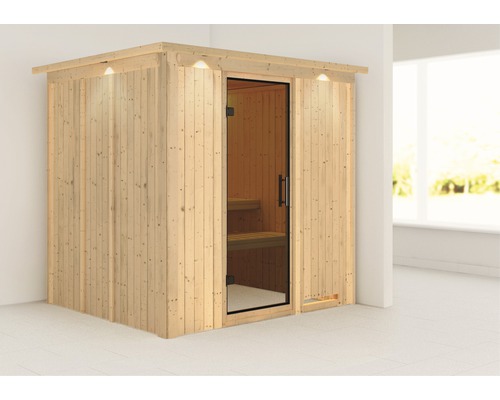 Plug & Play Sauna Karibu Achat VIII zonder kachel, met dakrand en grafietkleurige volledig glazen deur
