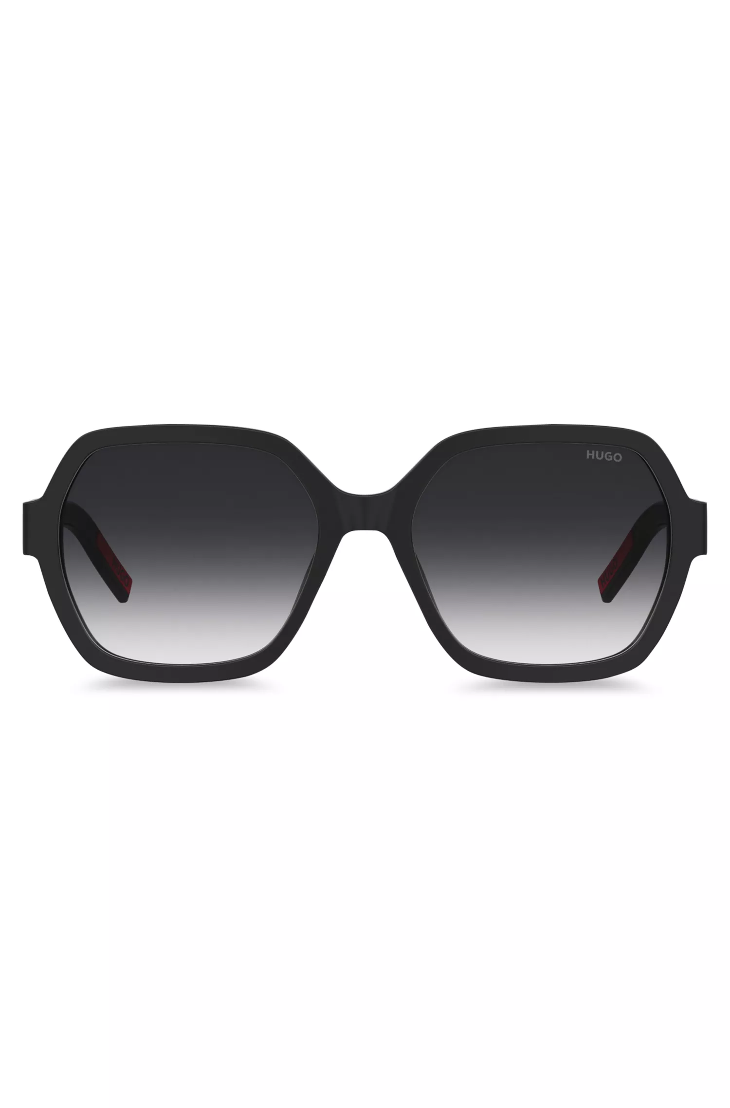 Óculos de sol HUGO em acetato vermelho e preto com detalhes do logotipo.