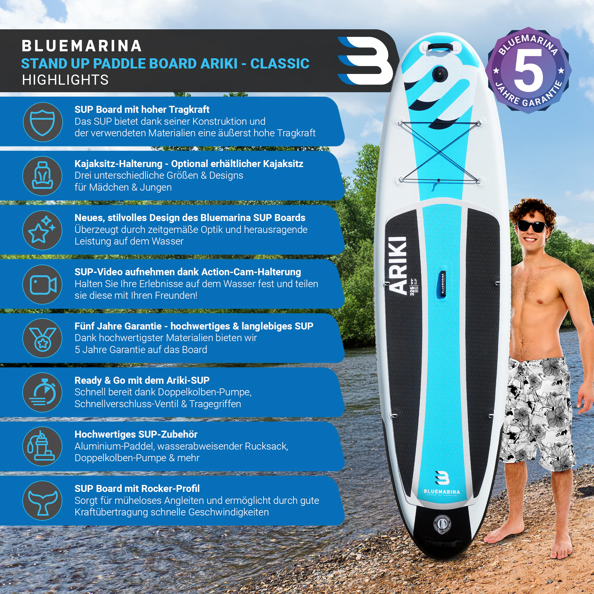 Bluemarina SUP Board Ariki, Stand Up Paddle aufblasbar mit Paddel, Pumpe, Rucksack, 5J Garantie (325x86x15cm / 10'8