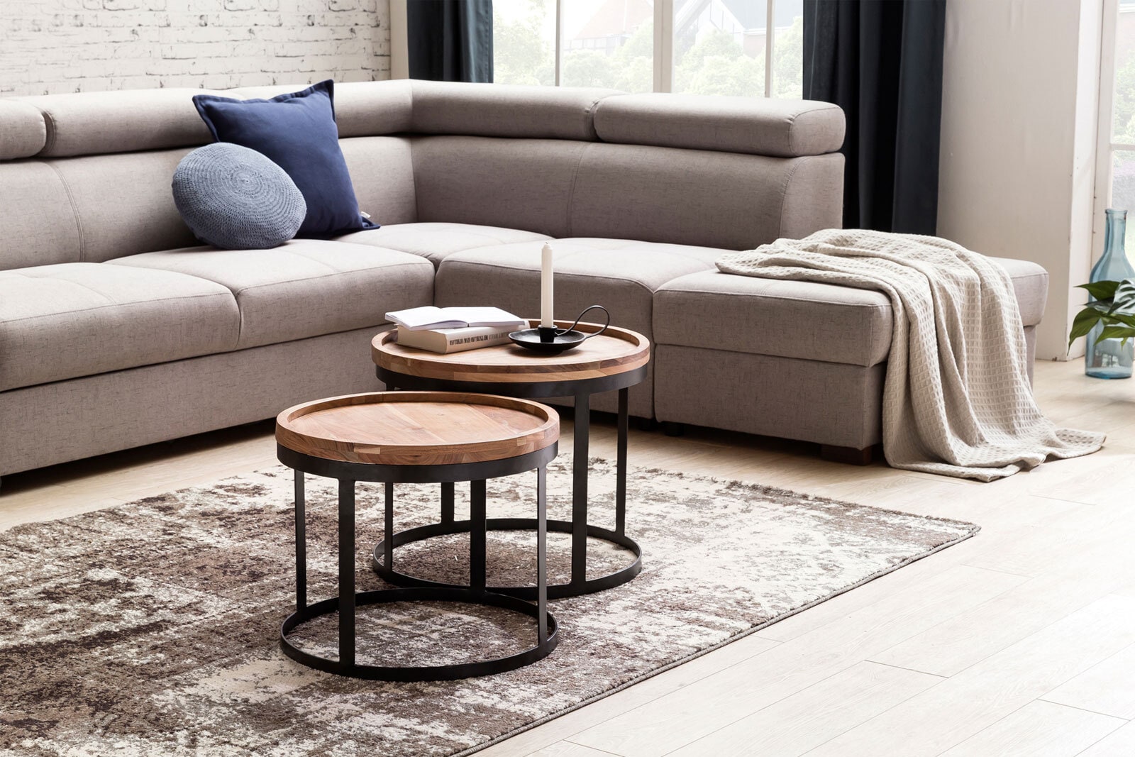 Couchtisch rund 2er Set Akazie massiv/schwarz