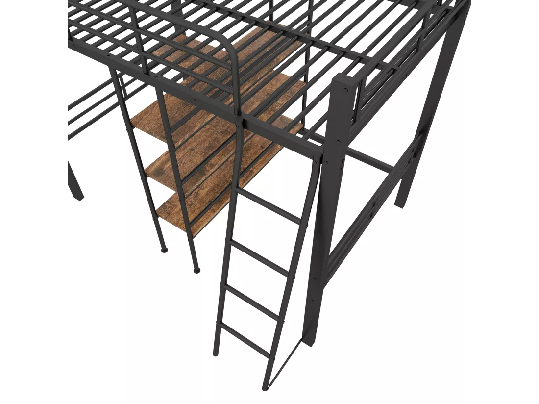 Lit mezzanine 90x200cm - avec bureau et étagères de rangement - Noir