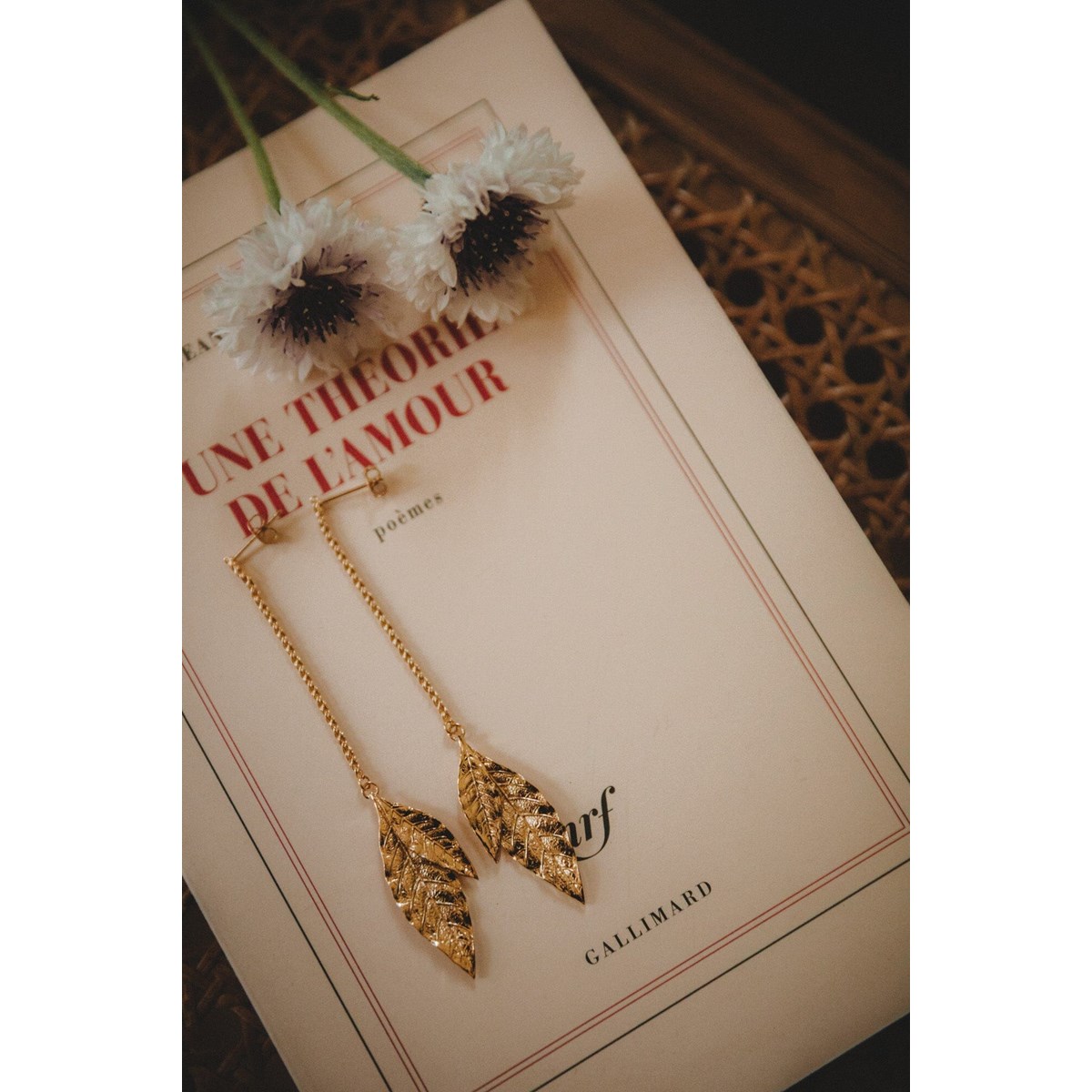 boucles d'oreilles pendantes feuilles doré à l'or fin - THALIE