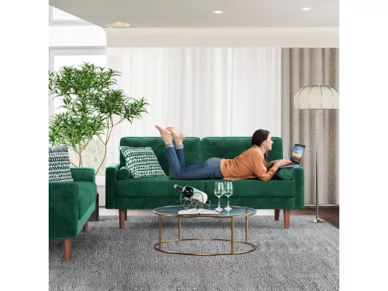 Canapé droit en Velours vert et bois massif - 3 places - charge max 300kg - 176x78x85cm