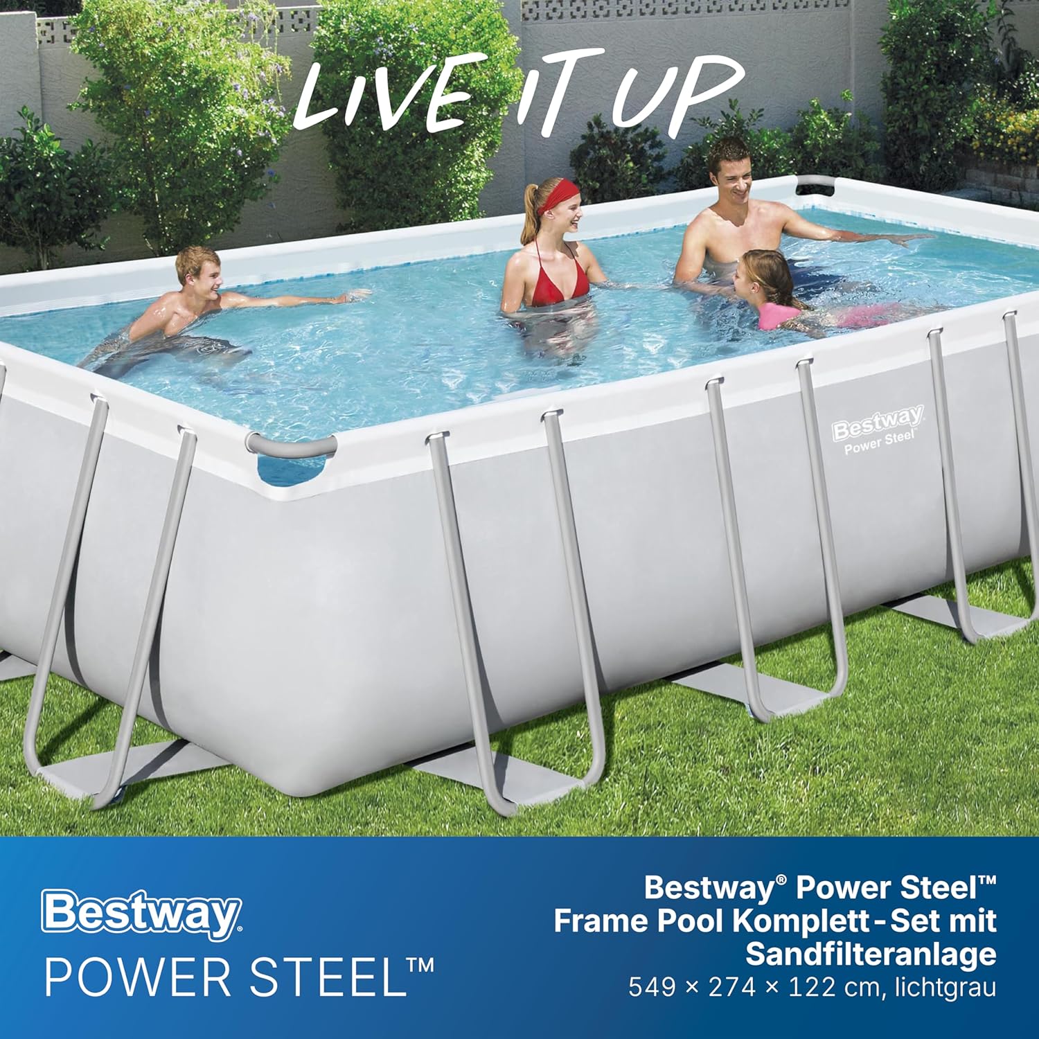 Bestway Power Steel Frame Pool Komplett-Set mit Sandfilteranlage 549 x 274 x 122 cm, lichtgrau, eckig