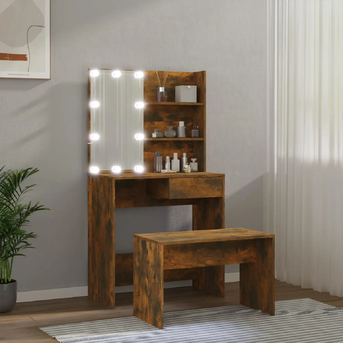 vidaXL Ensemble Coiffeuse LED - Chêne Fumé