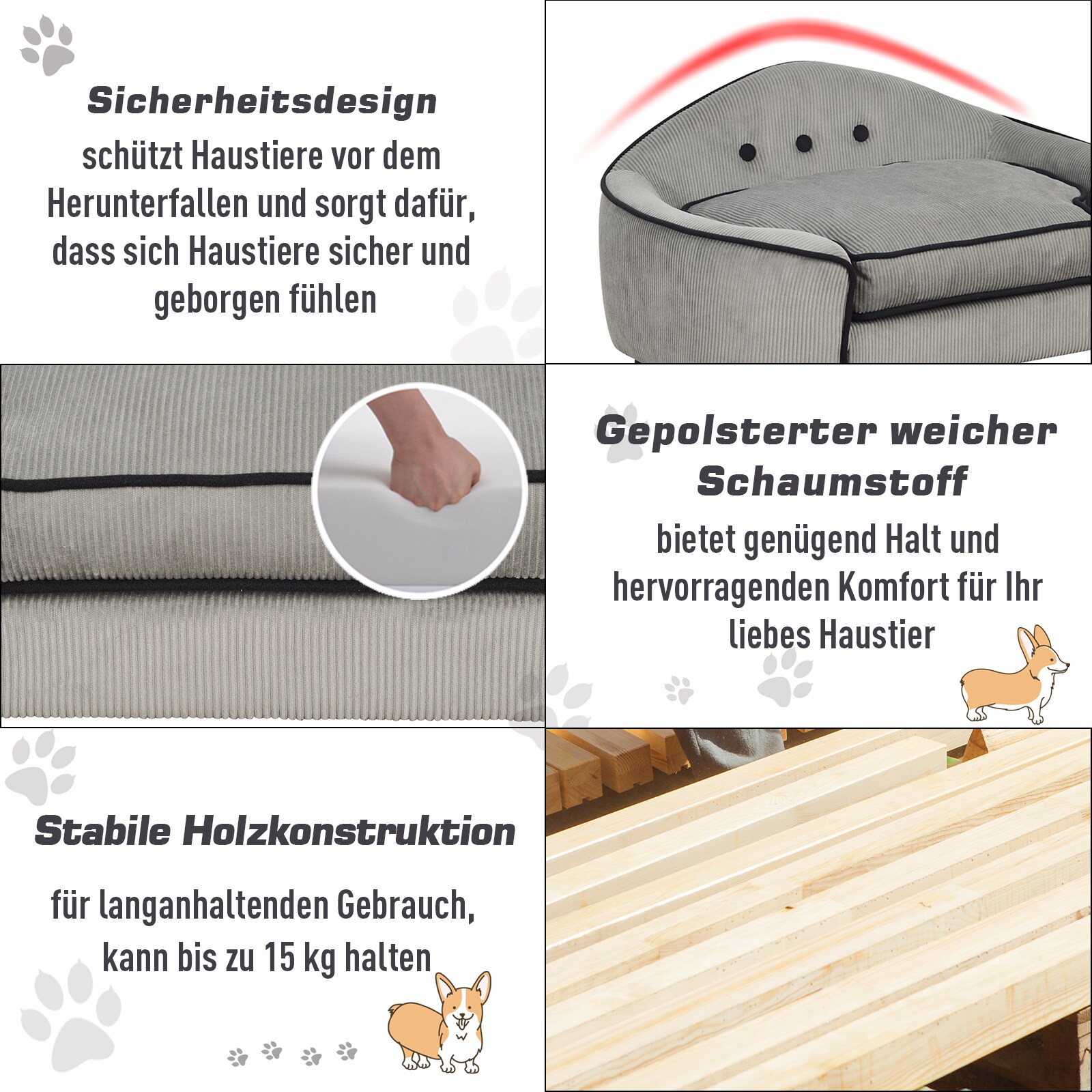 PawHut Hundesofa grau 66,5 x 45 x 35,5 cm (BxTxH)
