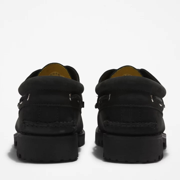 Sapato náutico masculino preto, costurado à mão, com 3 ilhós.