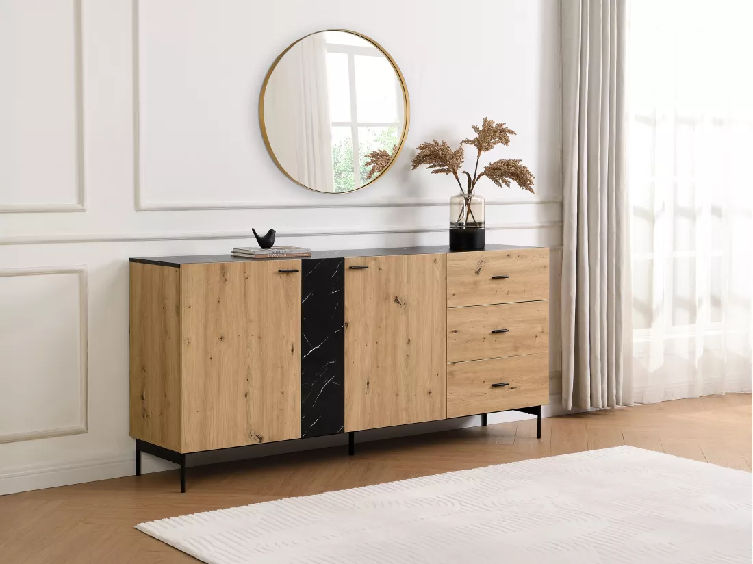 Buffet avec 2 portes et 3 tiroir en MDF et métal - Naturel clair et Effet marbre noir - LIOMENA de Pascal Morabito