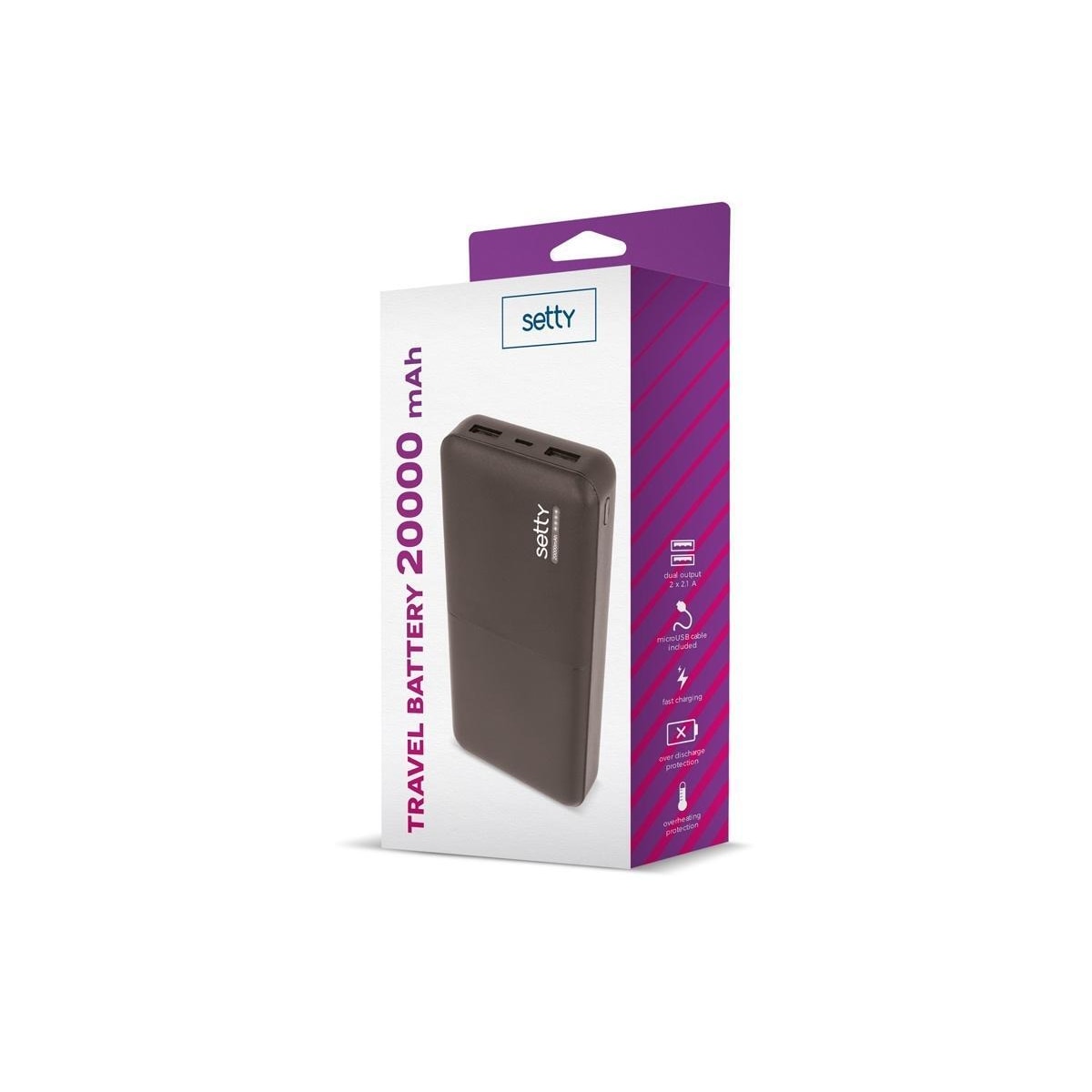 Setty powerbank med 20 000mAh & dubbla USB-portar, svart