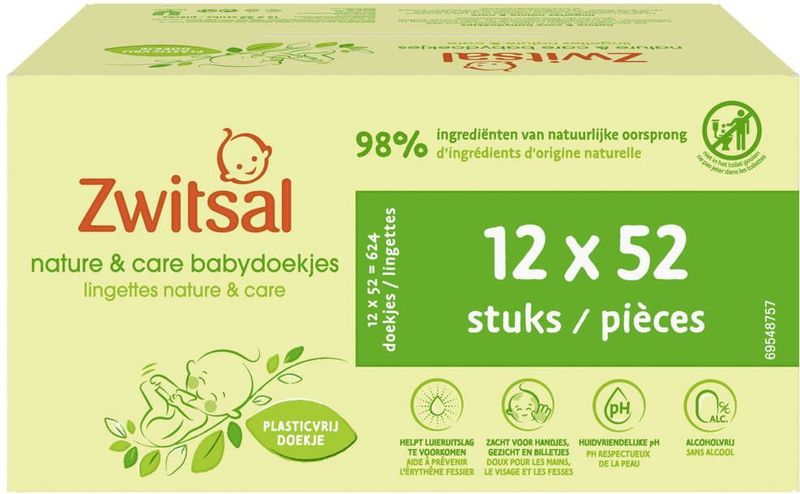 Zwitsal Billendoekjes Nature & Care Alcoholvrij - Plasticvrij - 624 doekjes - Voordeelverpakking