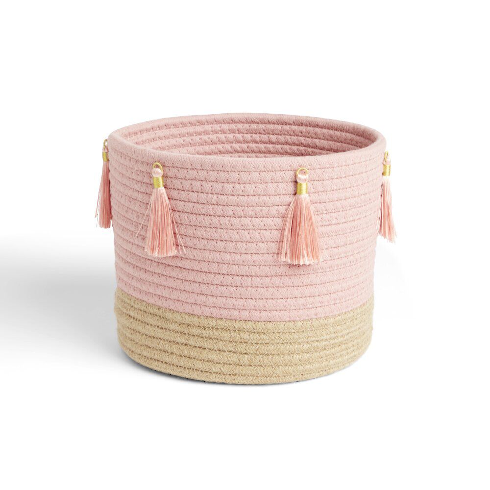Panière naturelle jute coton beige et rose Ø22xH20cm