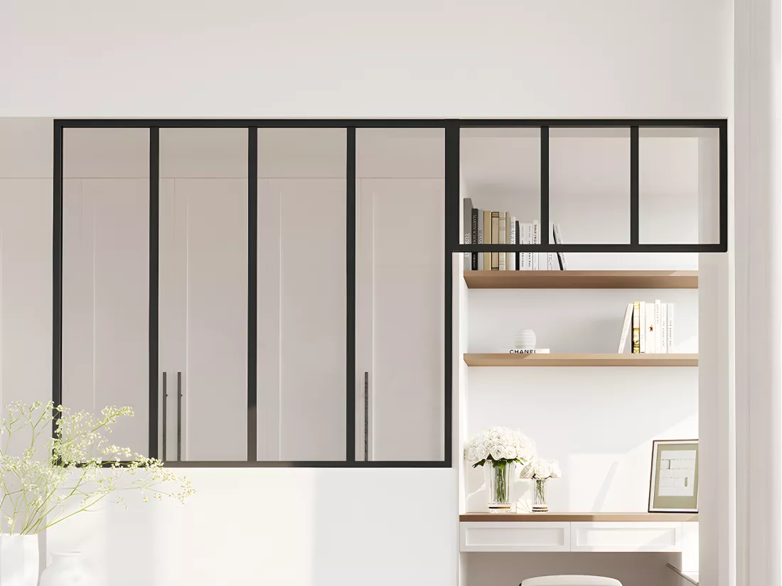Verrière atelier avec imposte en aluminium thermolaqué - L120 x H105 + L83 x H40 cm - Noir - BAYVIEW
