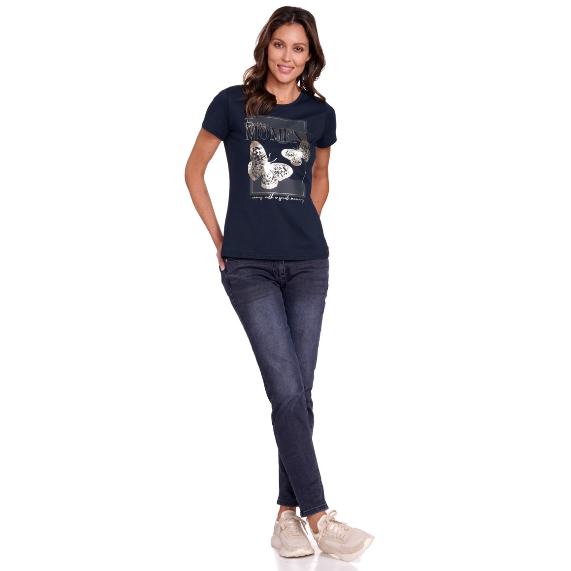 Gina Damen T-Shirt mit Folien-Print dunkelblau
