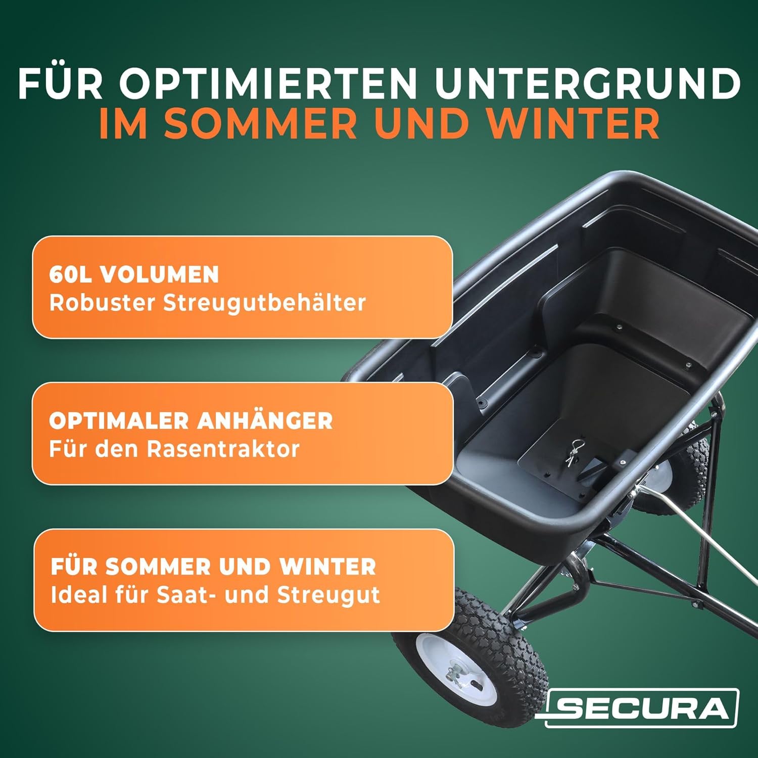 SECURA UNIVERSAL Streuanhänger für Rasentraktoren und Aufsitzmäher | Saatgutstreuer | Streusalz-Anhänger | bis 56 KG | Für Dünger, Saatgut, Streusalz, Sand