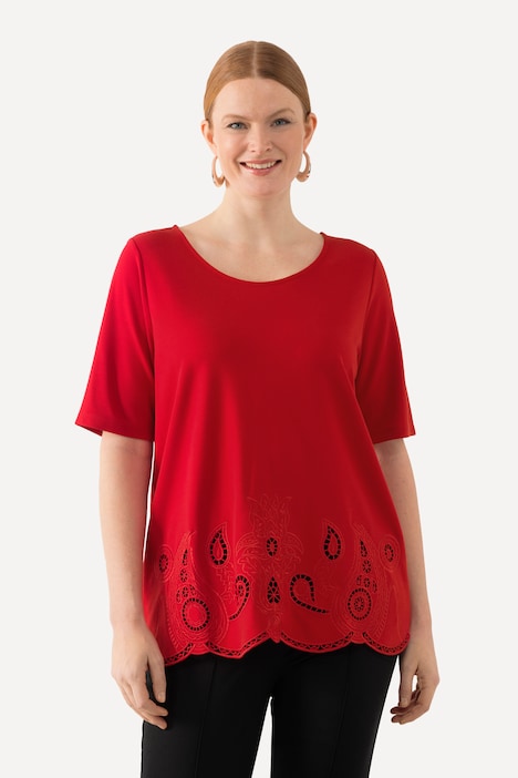 T-Shirt, Stickerei, Wellensaum, Rundhals, Halbarm