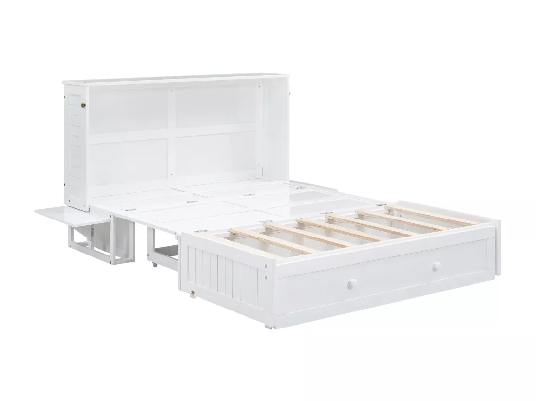 Lit escamotable mobile - 140 x 200 cm - lit convertible - tiroirs et étagère - pin et MDF - blanc