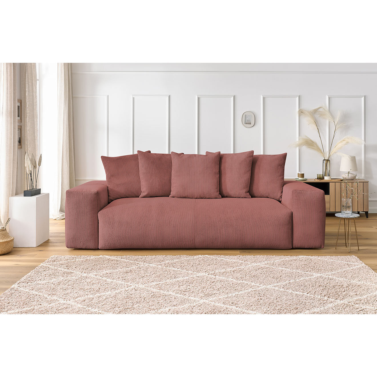 Bobochic Canapé droit fixe 3 places ultra moelleux voltaire velours côtelé rose - 280x124x75 cm