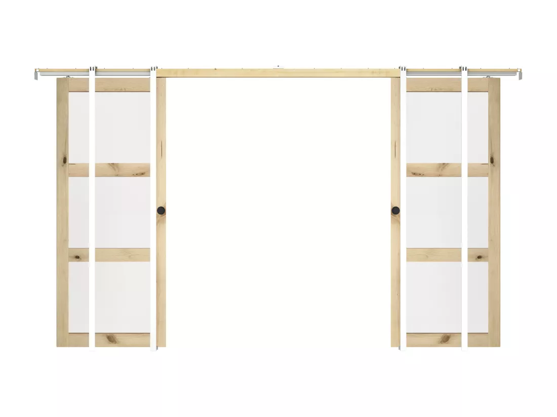 Porte coulissante double avec système à galandage en bois et verre trempé dépoli - 3 fenêtres - 2 x H205 x L73 cm - ACOSTA II