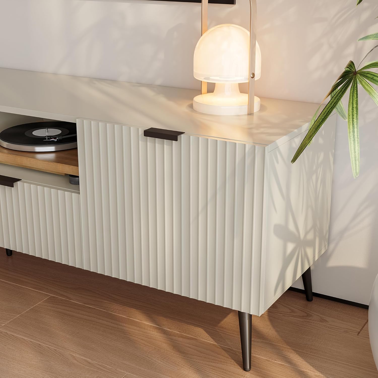 [en.casa] TV Schrank Nand Lowboard mit 2 Türen geriffelt Fernsehschrank mit 2 Schubladen 180 x 40 x 51 cm Sideboard Kommode Fernsehtisch Sandfarben