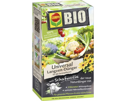 COMPO BIO Universele langzaamwerkende meststof met schapenwol, 100% natuurlijke ingrediënten, 2 kg, voor alle tuinplanten, 5 maanden langzaamwerkende werking