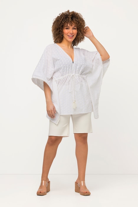 Kimono-Bluse, Lochspitze, Oversized, 3/4-Arm, Quasten