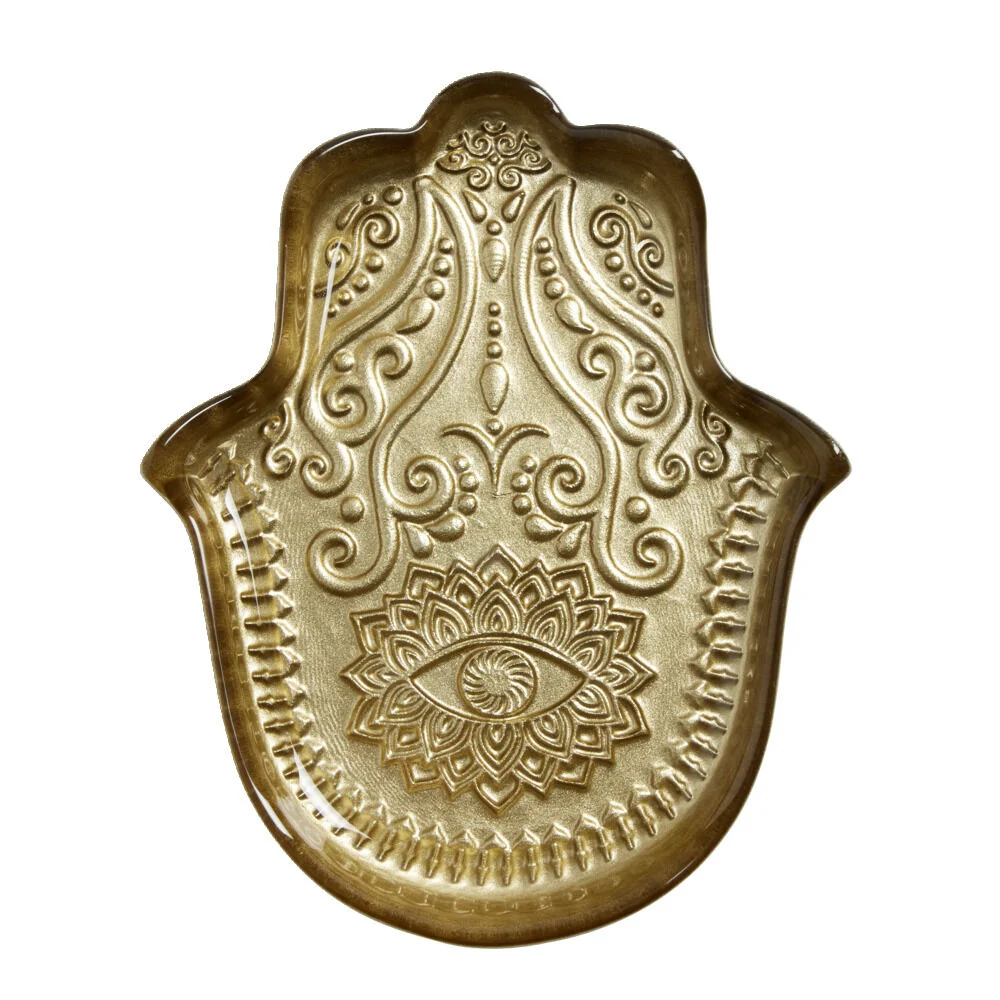 Plat de présentation forme main de Fatma en verre doré 17x21cm