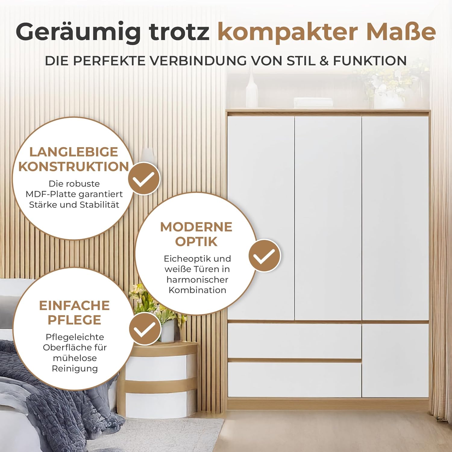 [en.casa] Kleiderschrank Bastheim Schrank mit 4 Türen Garderobenschrank 176 x 120 x 52 cm Schlafzimmerschrank mit 1 Kleiderstange 6 Fächern und 2 Schubladen Eicheoptik/Weiß